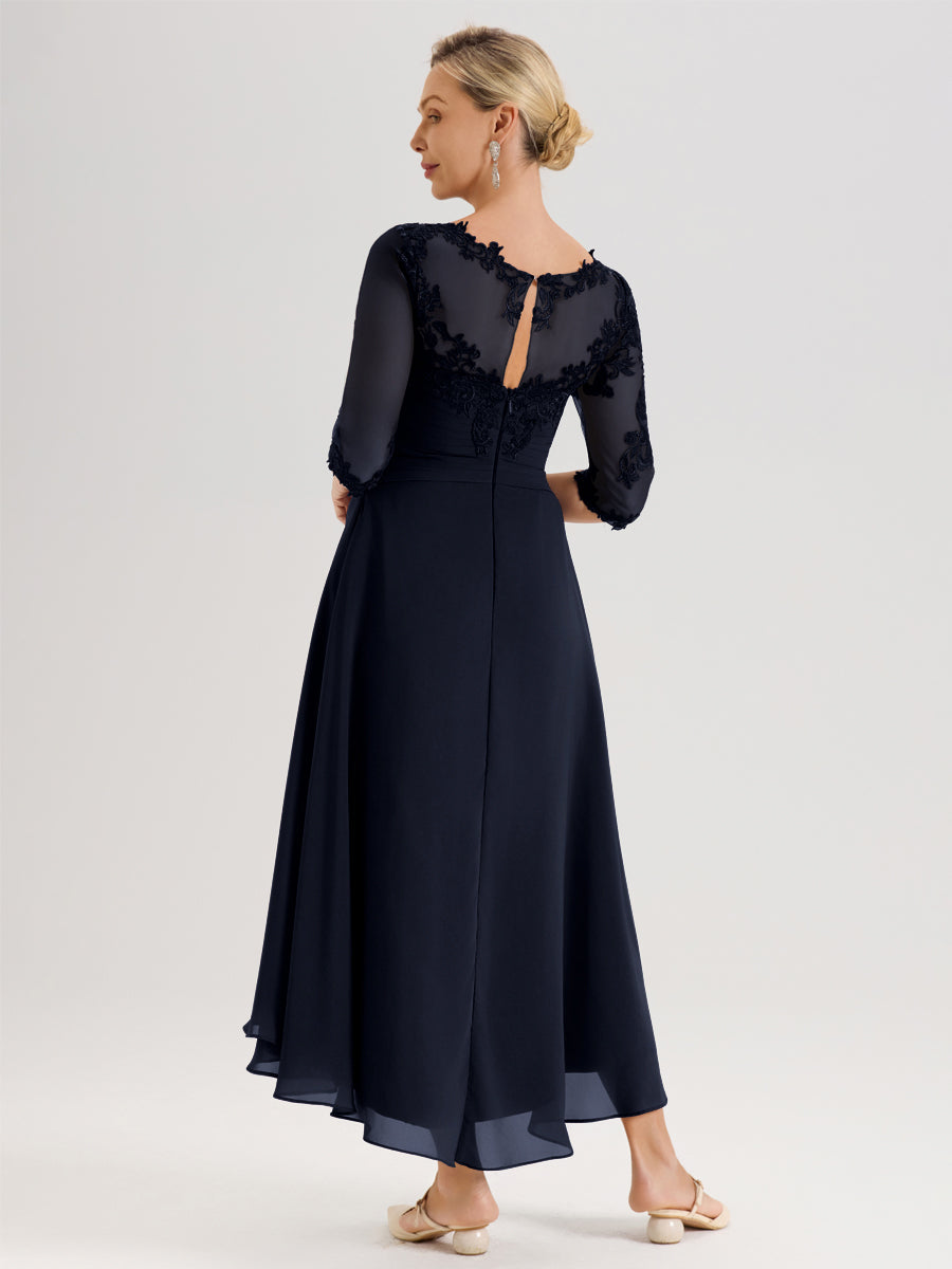 Cicinia Bleu Marine Robe Mère De La Mariée Col Ras Du Cou En Mousseline Et Dentelle Manches Trois-Quarts À Ourlet Asymétrique