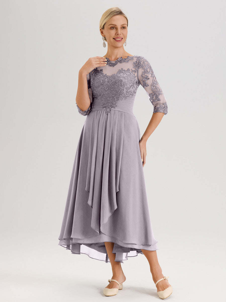 Cicinia Crépuscule Robe Mère De La Mariée Col Ras Du Cou En Mousseline Et Dentelle Manches Trois-Quarts À Ourlet Asymétrique