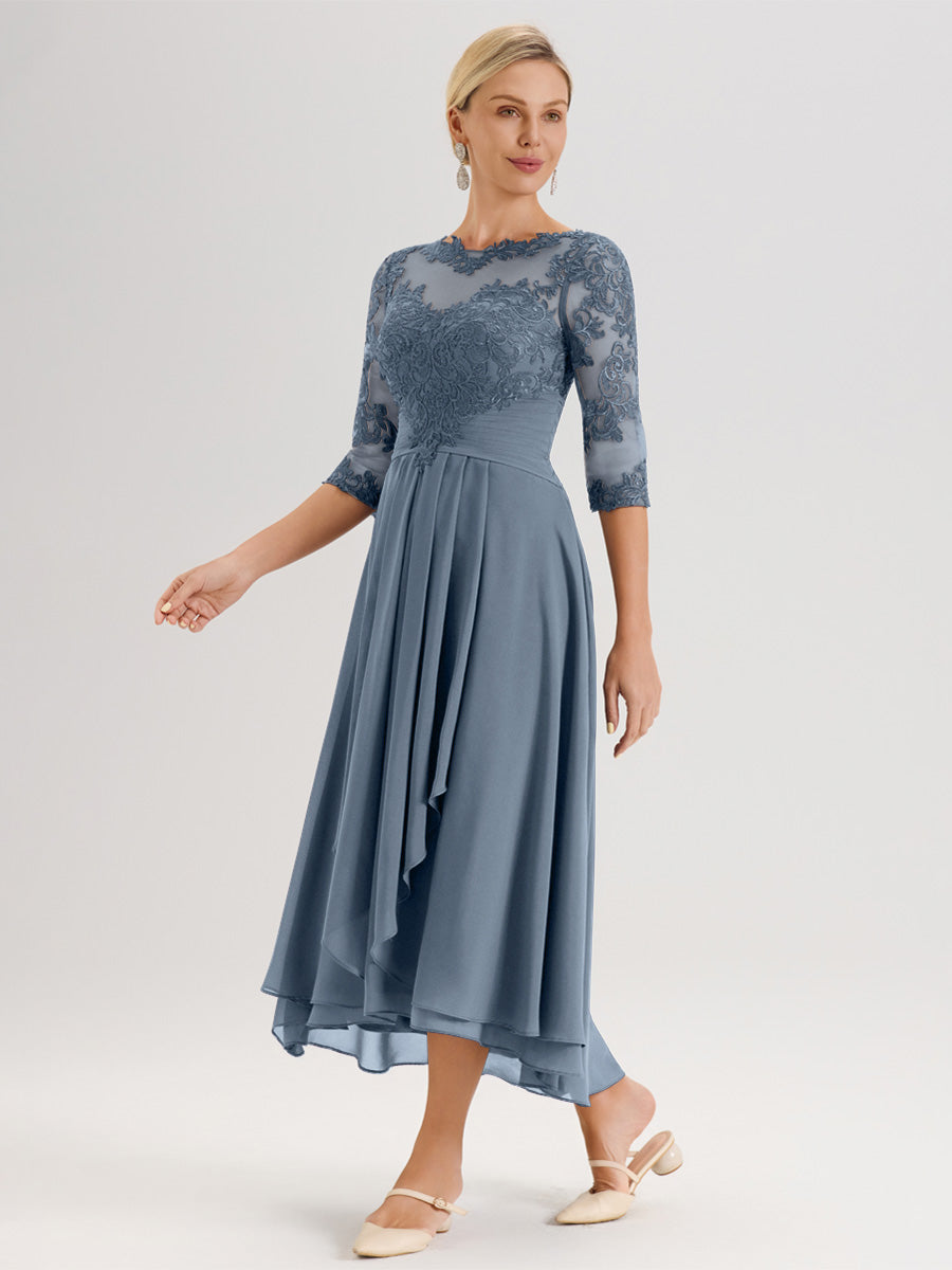 Cicinia Bleu Poudré Robe Mère De La Mariée Col Ras Du Cou En Mousseline Et Dentelle Manches Trois-Quarts À Ourlet Asymétrique