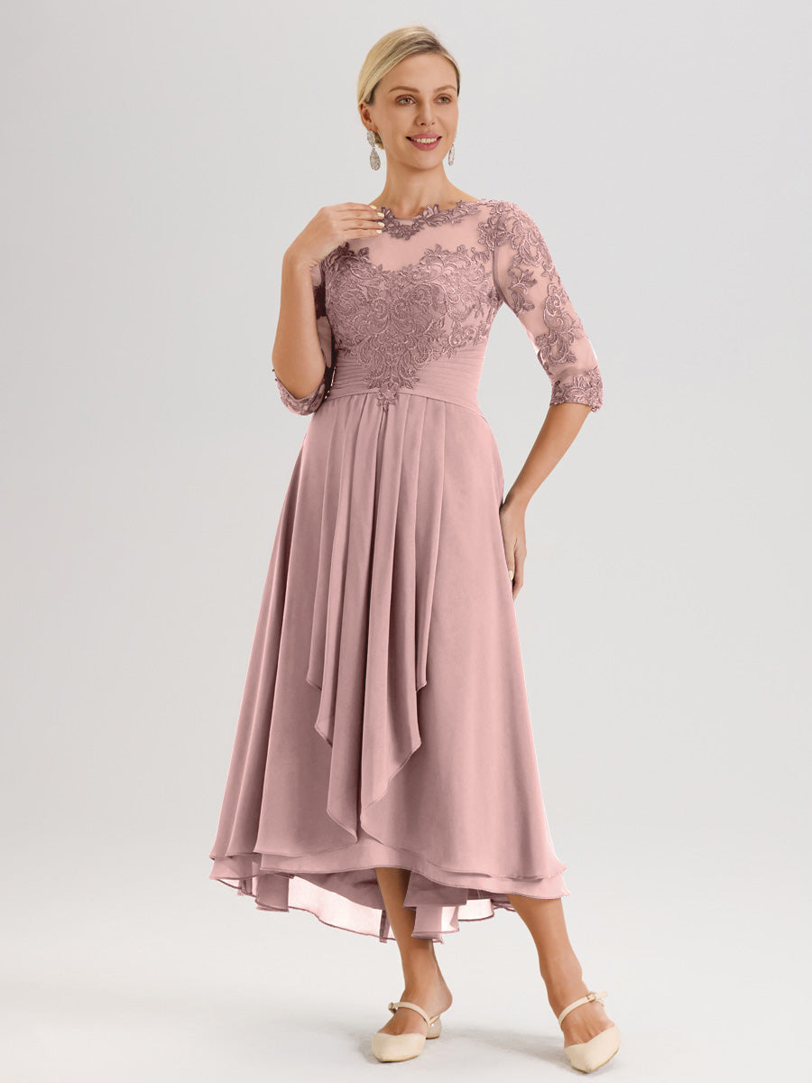 Cicinia Rose Poudré Robe Mère De La Mariée Col Ras Du Cou En Mousseline Et Dentelle Manches Trois-Quarts À Ourlet Asymétrique