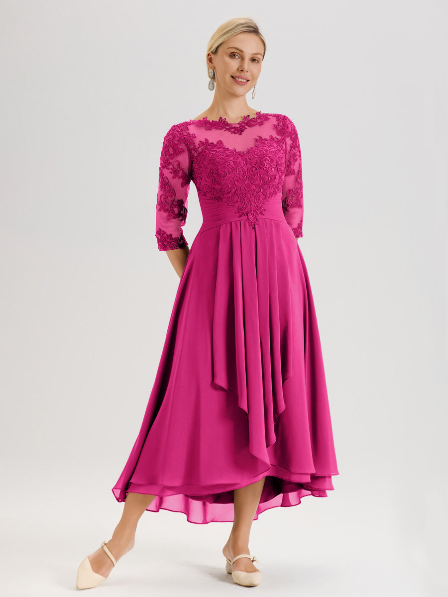 Cicinia Fuchsia Robe Mère De La Mariée Col Ras Du Cou En Mousseline Et Dentelle Manches Trois-Quarts À Ourlet Asymétrique