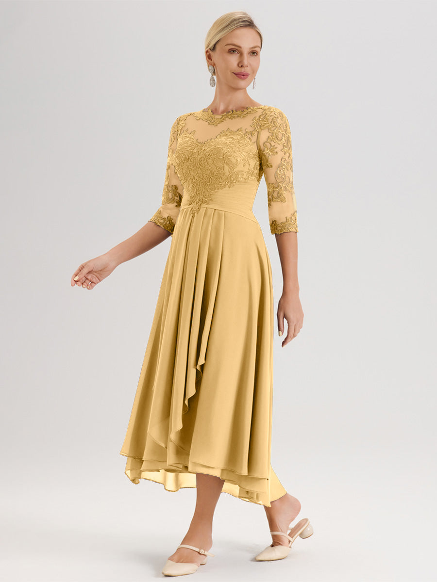 Cicinia Or Robe Mère De La Mariée Col Ras Du Cou En Mousseline Et Dentelle Manches Trois-Quarts À Ourlet Asymétrique