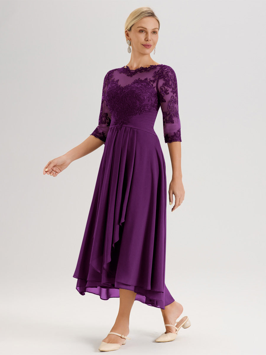 Cicinia Raisin Robe Mère De La Mariée Col Ras Du Cou En Mousseline Et Dentelle Manches Trois-Quarts À Ourlet Asymétrique