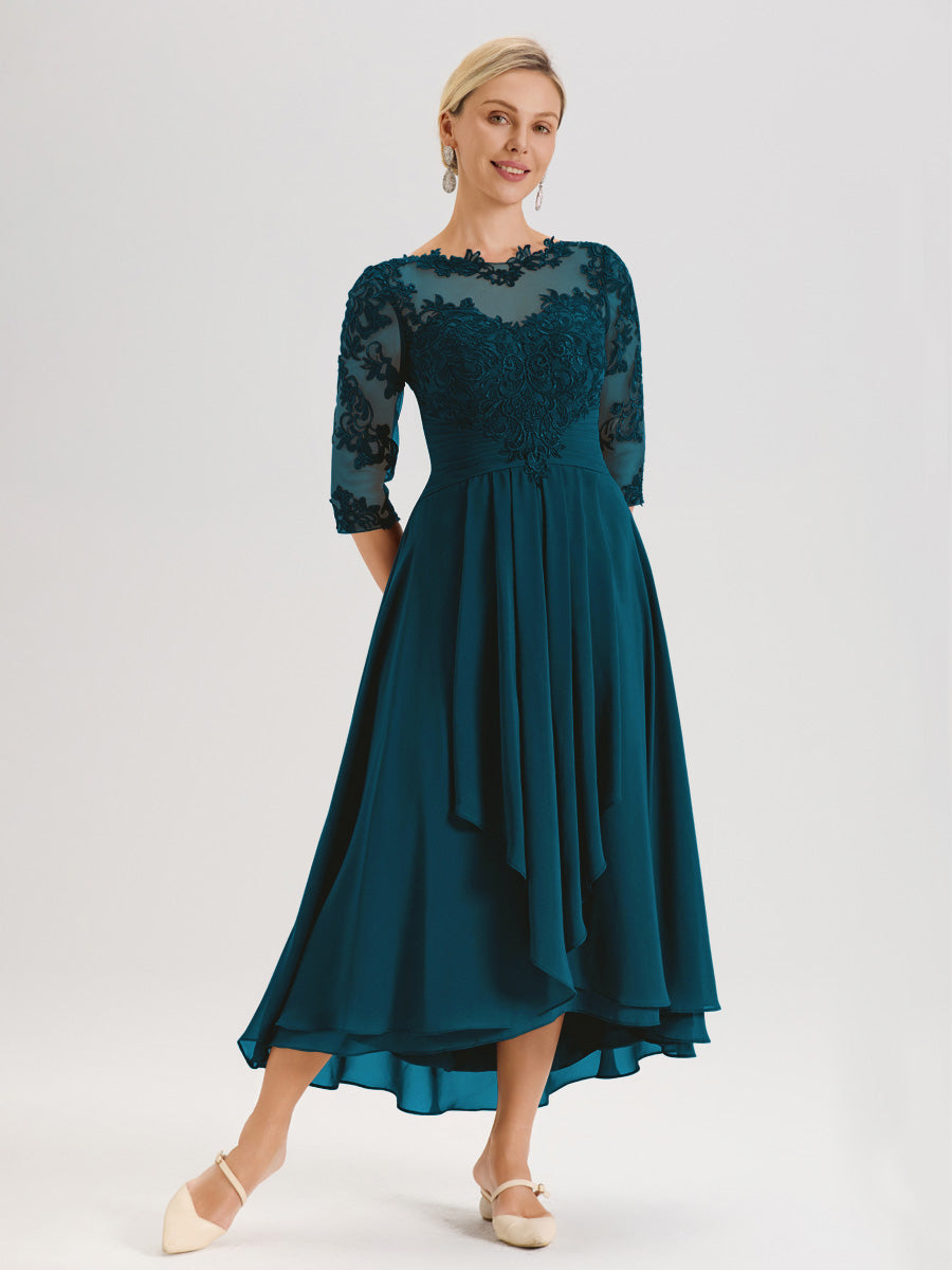 Cicinia Bleu Encre Robe Mère De La Mariée Col Ras Du Cou En Mousseline Et Dentelle Manches Trois-Quarts À Ourlet Asymétrique