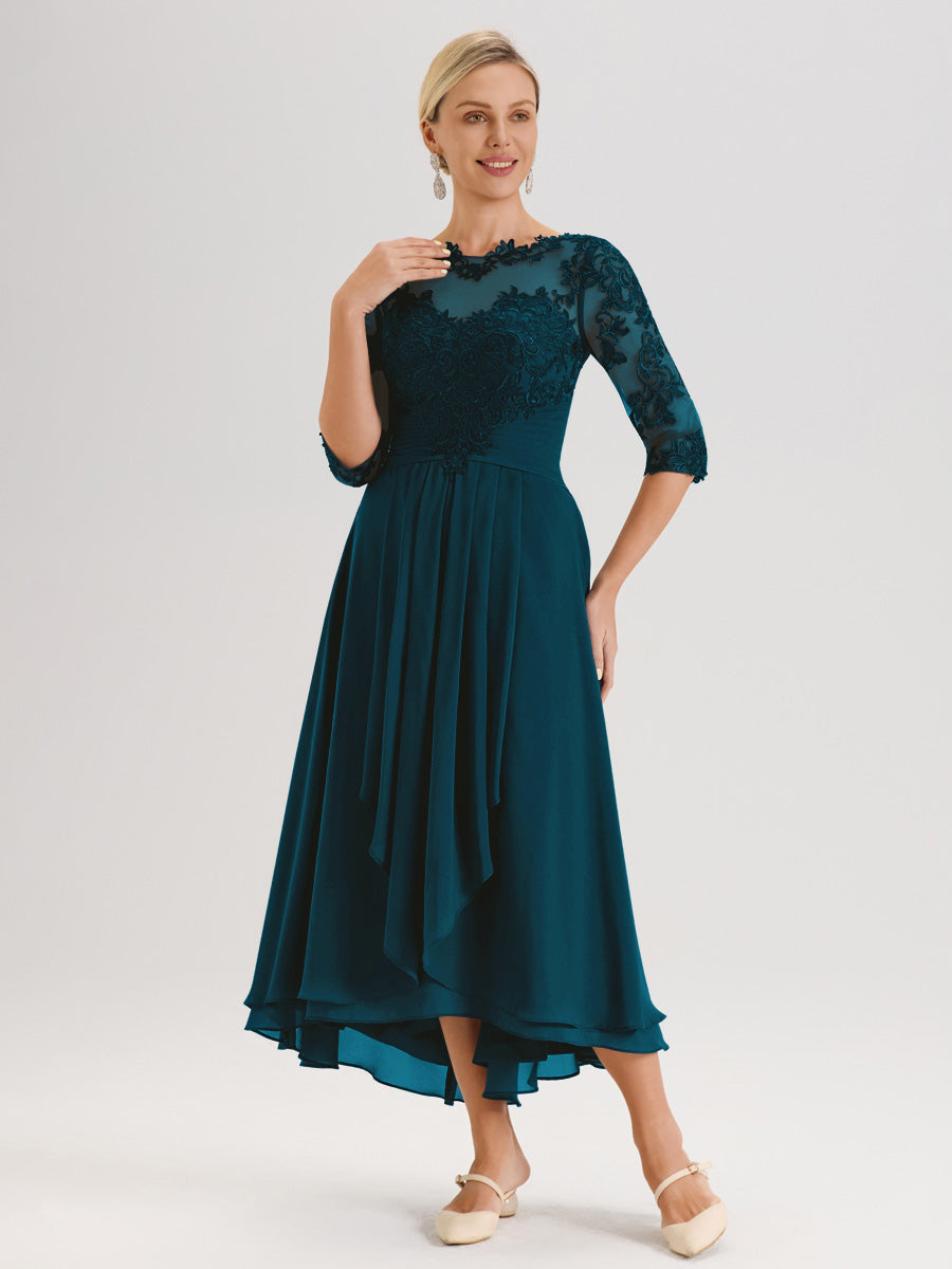 Cicinia Bleu Encre Robe Mère De La Mariée Col Ras Du Cou En Mousseline Et Dentelle Manches Trois-Quarts À Ourlet Asymétrique