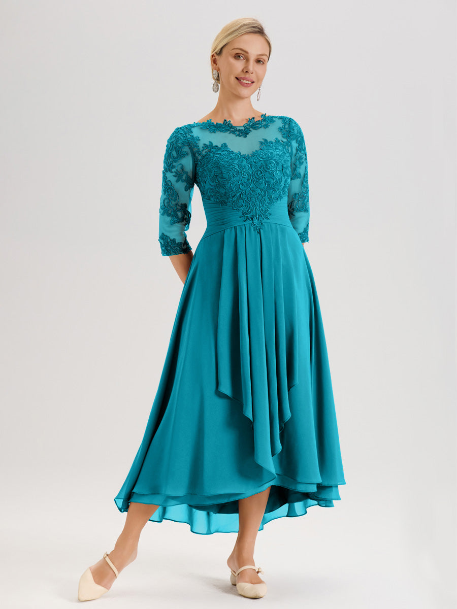 Cicinia Jade Robe Mère De La Mariée Col Ras Du Cou En Mousseline Et Dentelle Manches Trois-Quarts À Ourlet Asymétrique