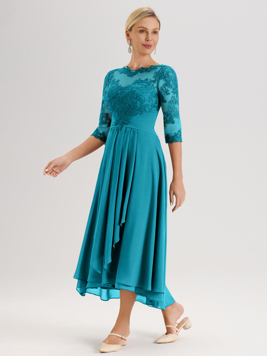 Cicinia Jade Robe Mère De La Mariée Col Ras Du Cou En Mousseline Et Dentelle Manches Trois-Quarts À Ourlet Asymétrique