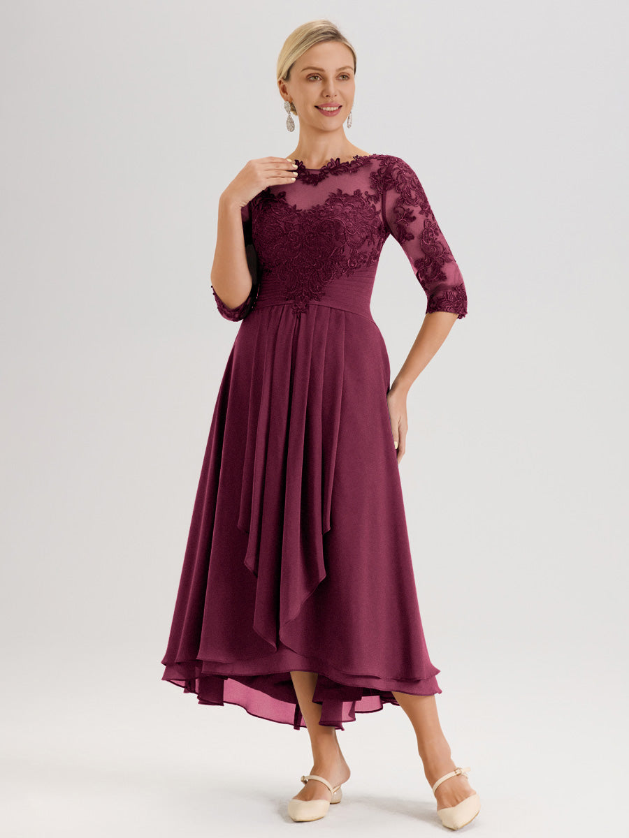 Cicinia Mûre Robe Mère De La Mariée Col Ras Du Cou En Mousseline Et Dentelle Manches Trois-Quarts À Ourlet Asymétrique