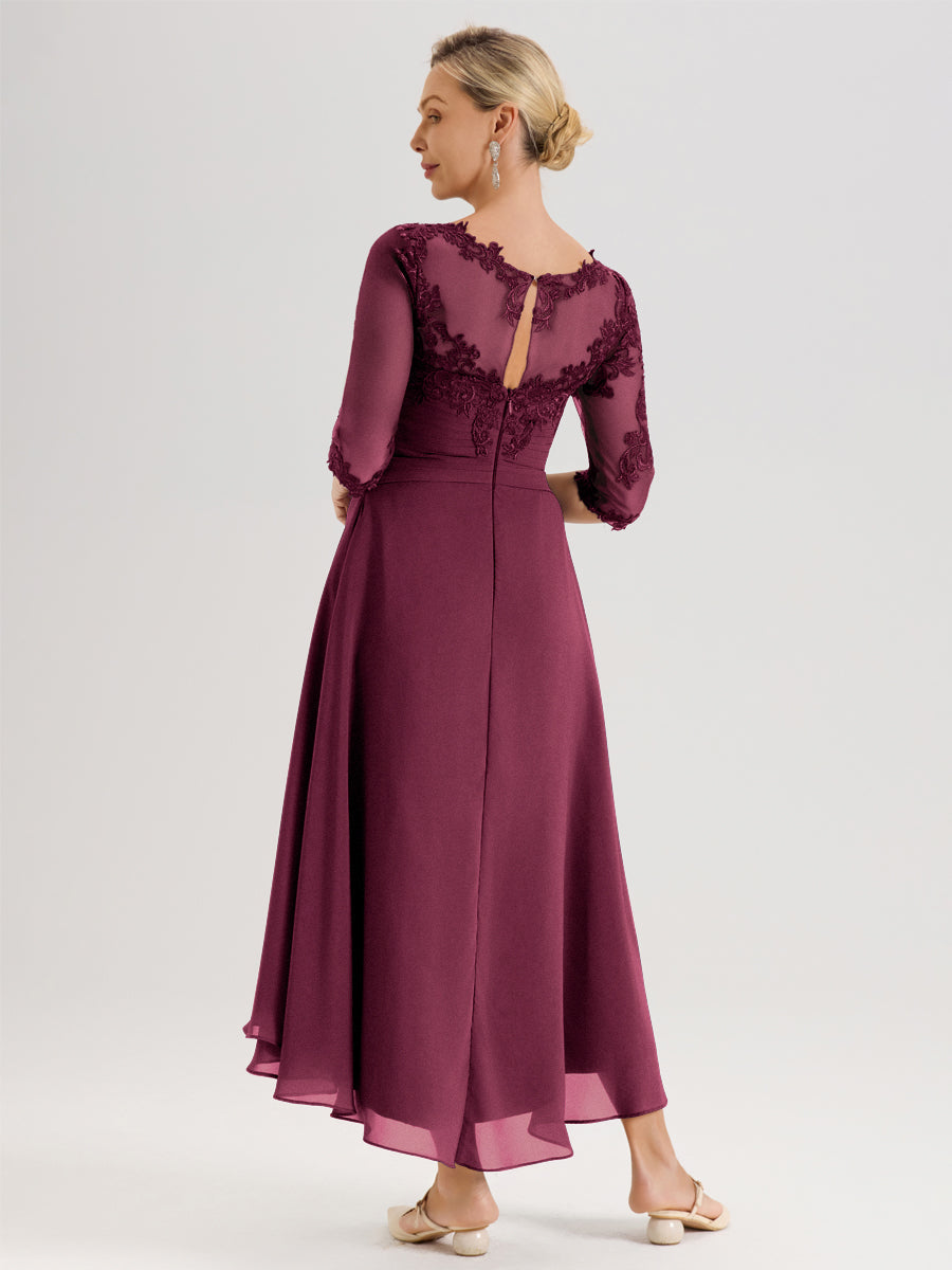 Cicinia Mûre Robe Mère De La Mariée Col Ras Du Cou En Mousseline Et Dentelle Manches Trois-Quarts À Ourlet Asymétrique