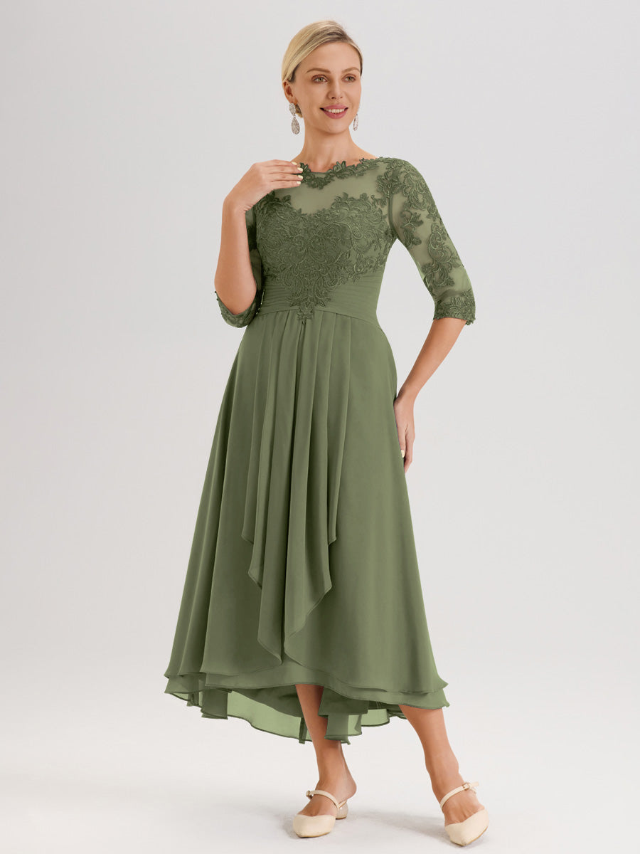 Cicinia Vert Olive Robe Mère De La Mariée Col Ras Du Cou En Mousseline Et Dentelle Manches Trois-Quarts À Ourlet Asymétrique