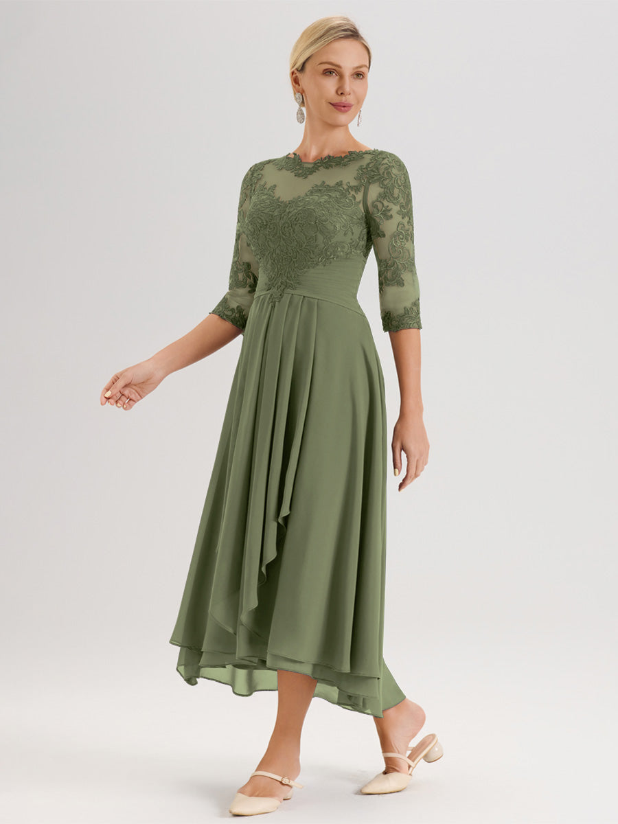 Cicinia Vert Olive Robe Mère De La Mariée Col Ras Du Cou En Mousseline Et Dentelle Manches Trois-Quarts À Ourlet Asymétrique