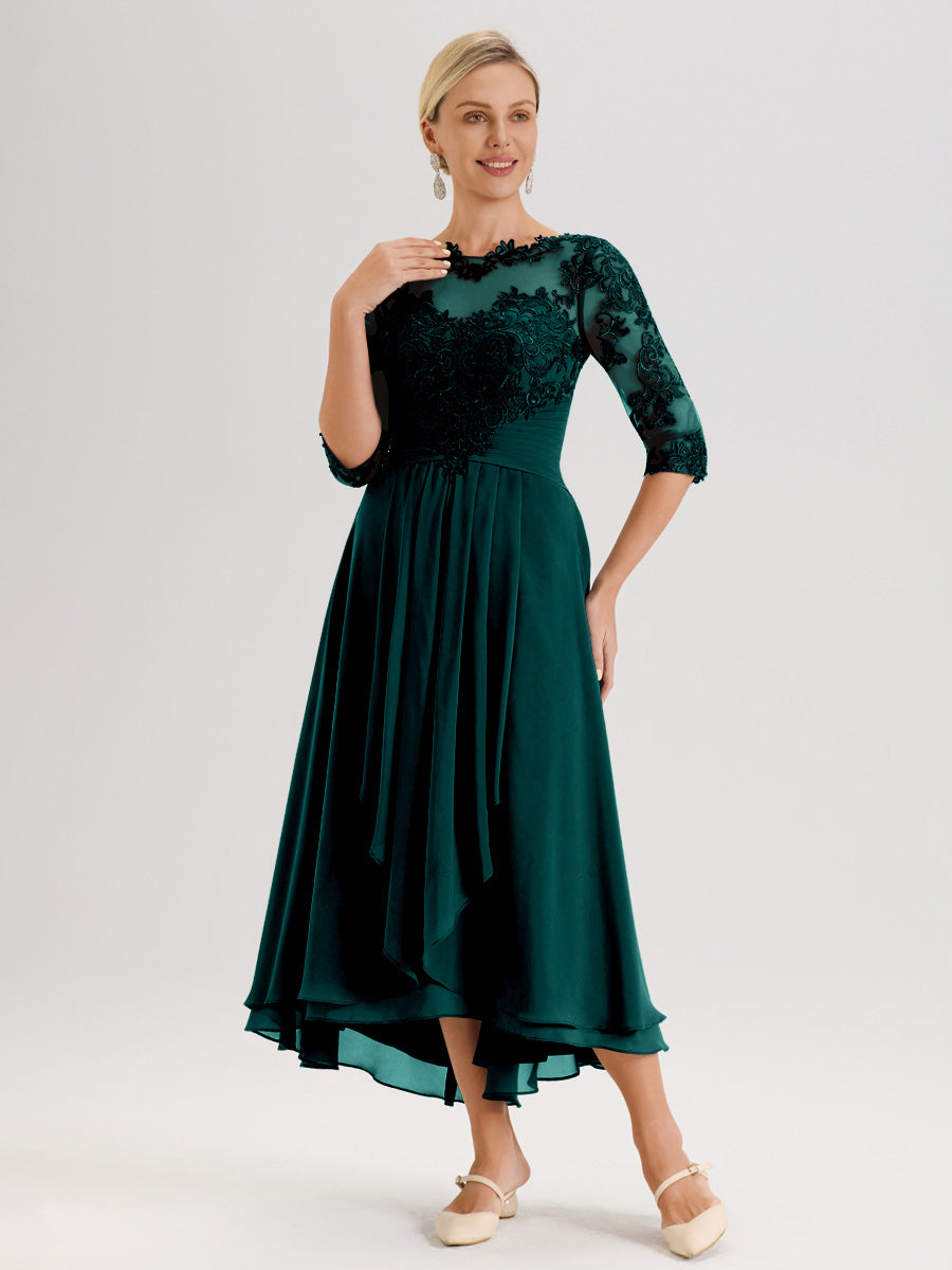 Cicinia Paon Robe Mère De La Mariée Col Ras Du Cou En Mousseline Et Dentelle Manches Trois-Quarts À Ourlet Asymétrique