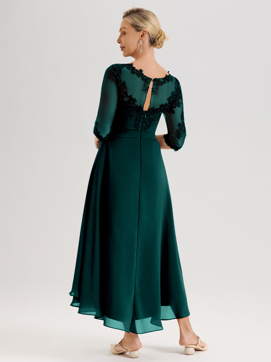 Cicinia Paon Robe Mère De La Mariée Col Ras Du Cou En Mousseline Et Dentelle Manches Trois-Quarts À Ourlet Asymétrique