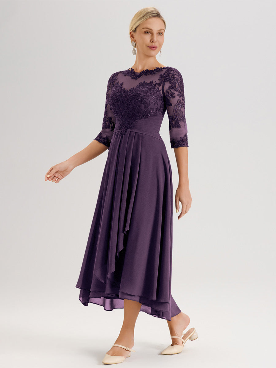 Cicinia Plum Robe Mère De La Mariée Col Ras Du Cou En Mousseline Et Dentelle Manches Trois-Quarts À Ourlet Asymétrique