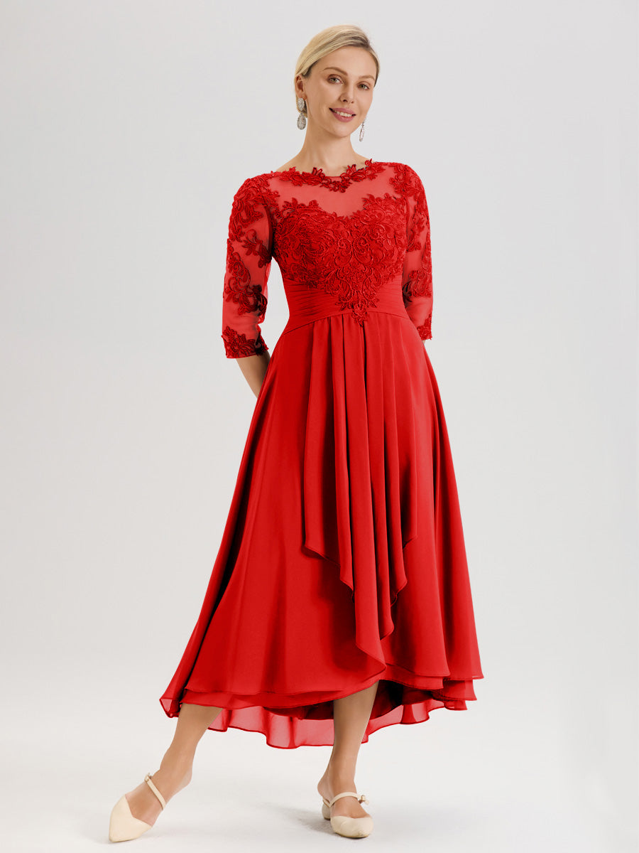 Cicinia Rouge Robe Mère De La Mariée Col Ras Du Cou En Mousseline Et Dentelle Manches Trois-Quarts À Ourlet Asymétrique
