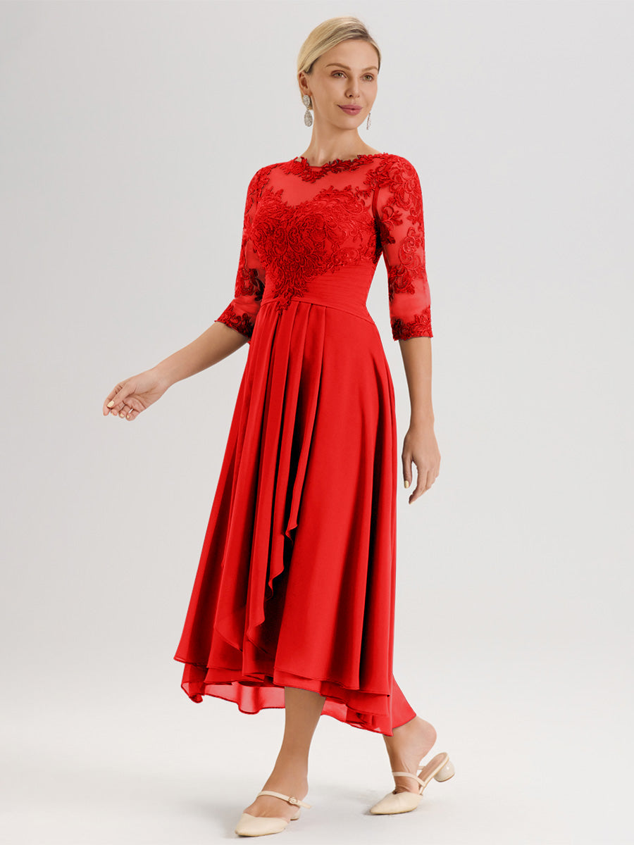 Cicinia Rouge Robe Mère De La Mariée Col Ras Du Cou En Mousseline Et Dentelle Manches Trois-Quarts À Ourlet Asymétrique