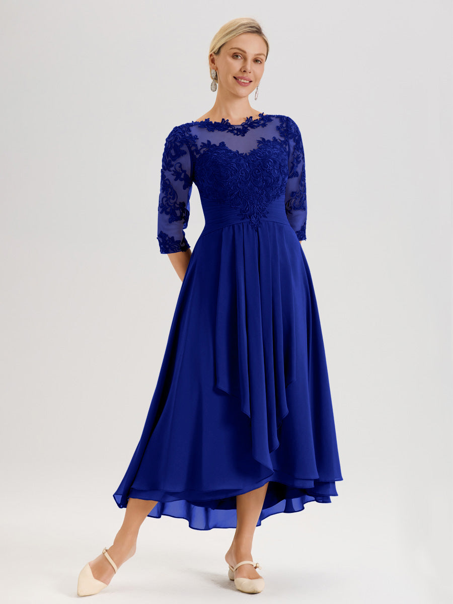 Cicinia Bleu Royale Robe Mère De La Mariée Col Ras Du Cou En Mousseline Et Dentelle Manches Trois-Quarts À Ourlet Asymétrique