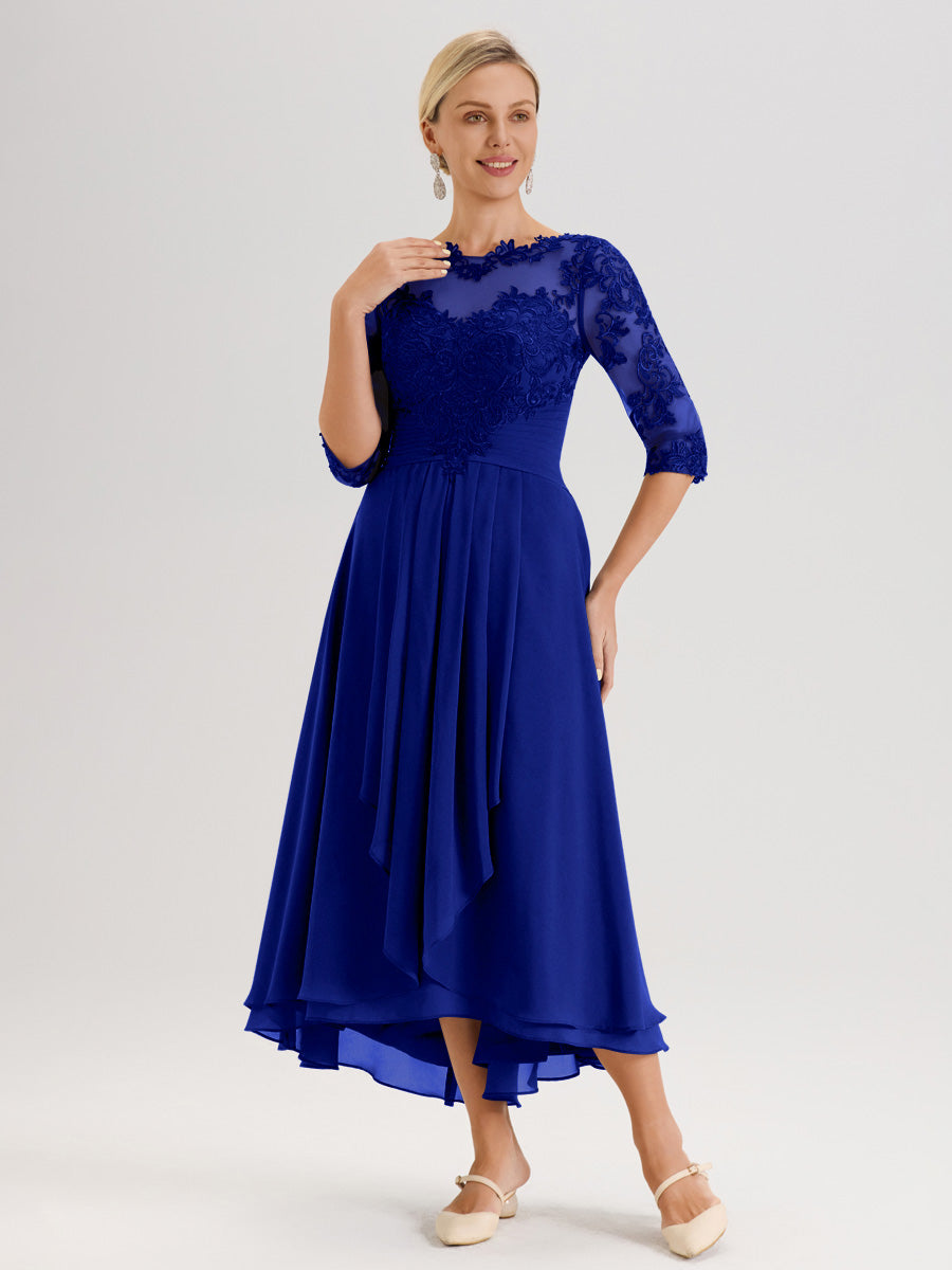 Cicinia Bleu Royale Robe Mère De La Mariée Col Ras Du Cou En Mousseline Et Dentelle Manches Trois-Quarts À Ourlet Asymétrique