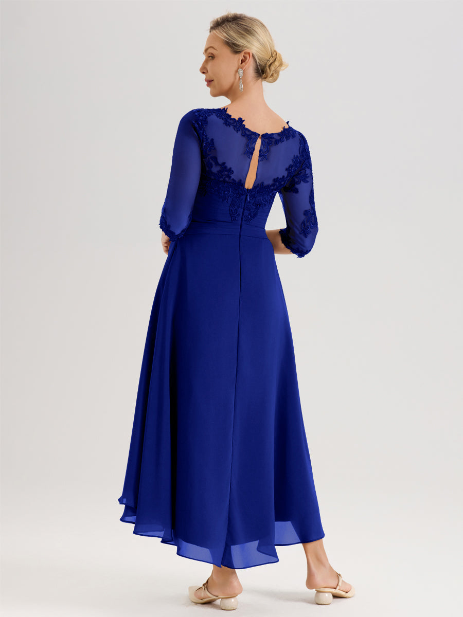 Cicinia Bleu Royale Robe Mère De La Mariée Col Ras Du Cou En Mousseline Et Dentelle Manches Trois-Quarts À Ourlet Asymétrique