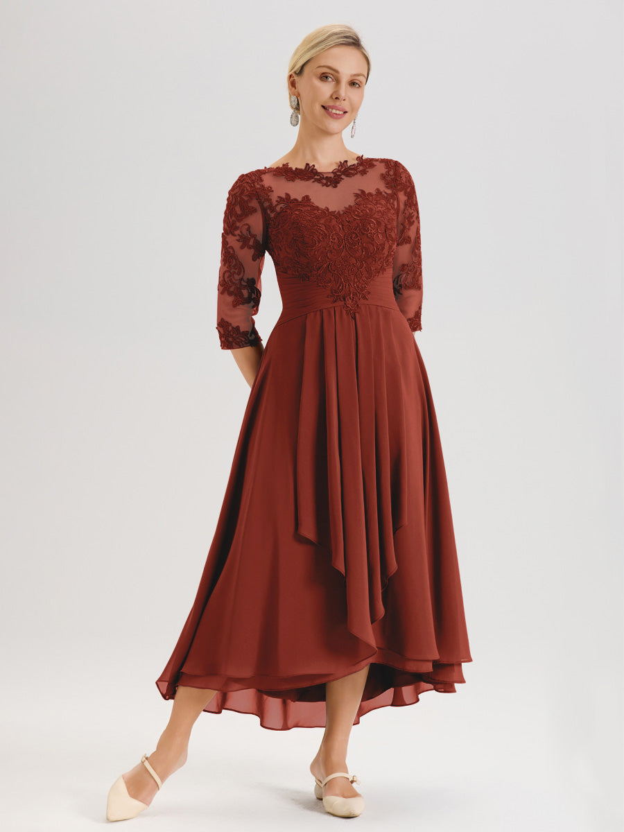 Cicinia Rouille Robe Mère De La Mariée Col Ras Du Cou En Mousseline Et Dentelle Manches Trois-Quarts À Ourlet Asymétrique
