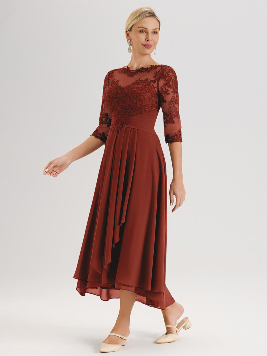 Cicinia Rouille Robe Mère De La Mariée Col Ras Du Cou En Mousseline Et Dentelle Manches Trois-Quarts À Ourlet Asymétrique