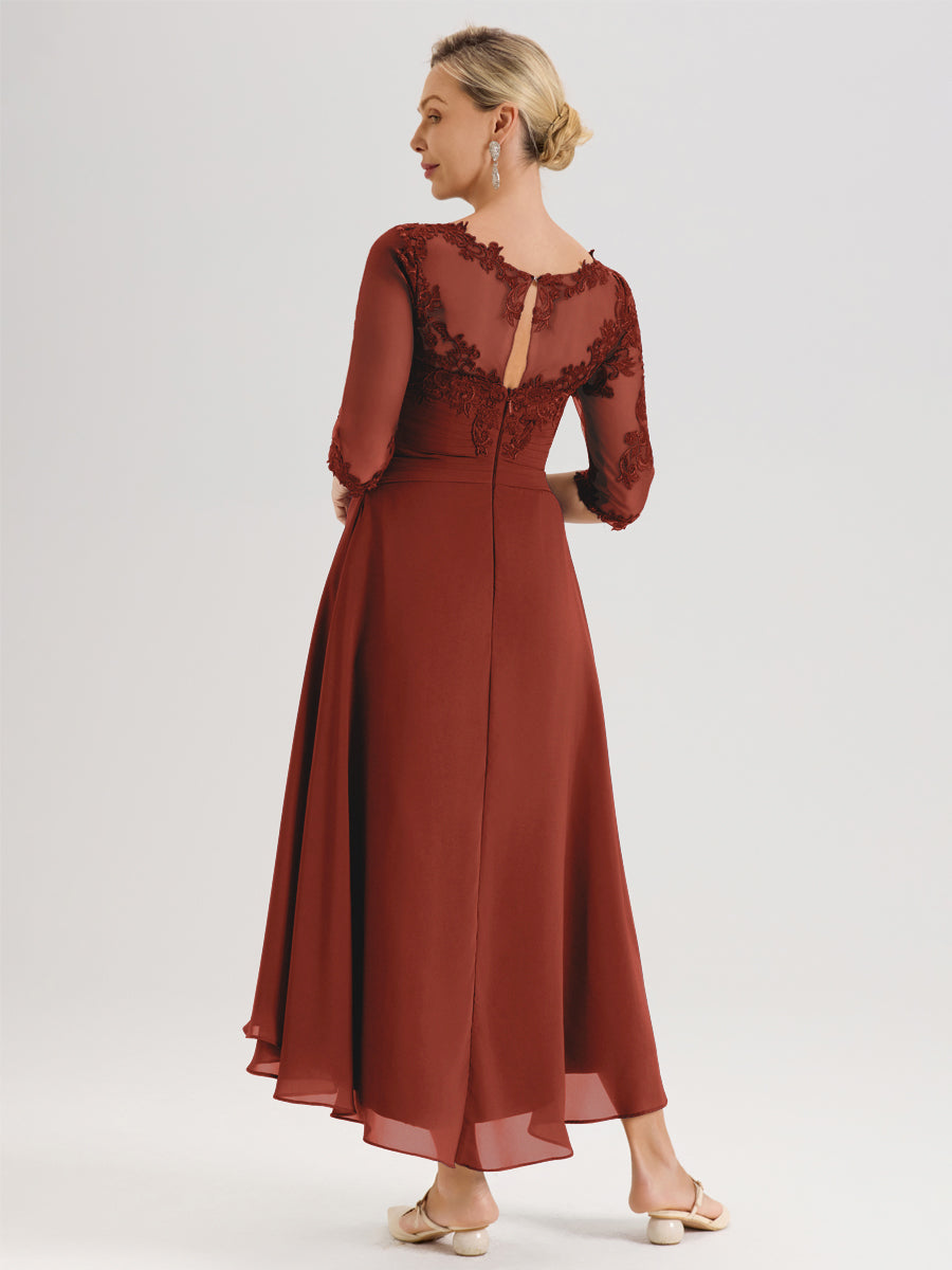 Cicinia Rouille Robe Mère De La Mariée Col Ras Du Cou En Mousseline Et Dentelle Manches Trois-Quarts À Ourlet Asymétrique