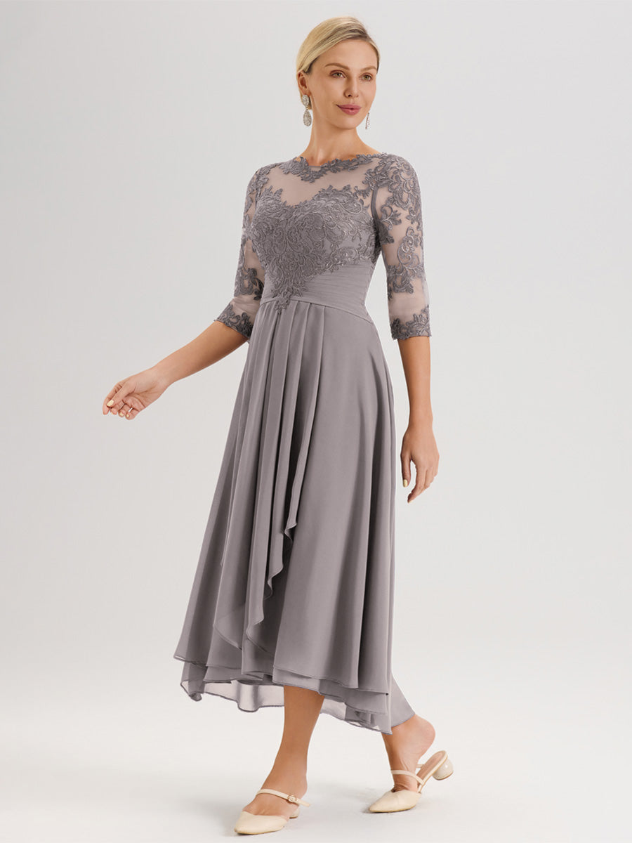 Cicinia Argent Robe Mère De La Mariée Col Ras Du Cou En Mousseline Et Dentelle Manches Trois-Quarts À Ourlet Asymétrique