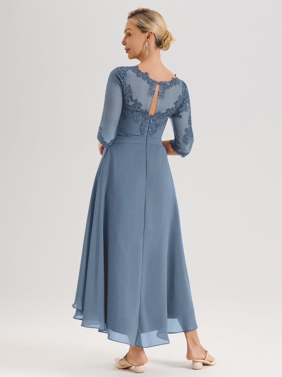 Cicinia Bleu De Schiste Robe Mère De La Mariée Col Ras Du Cou En Mousseline Et Dentelle Manches Trois-Quarts À Ourlet Asymétrique