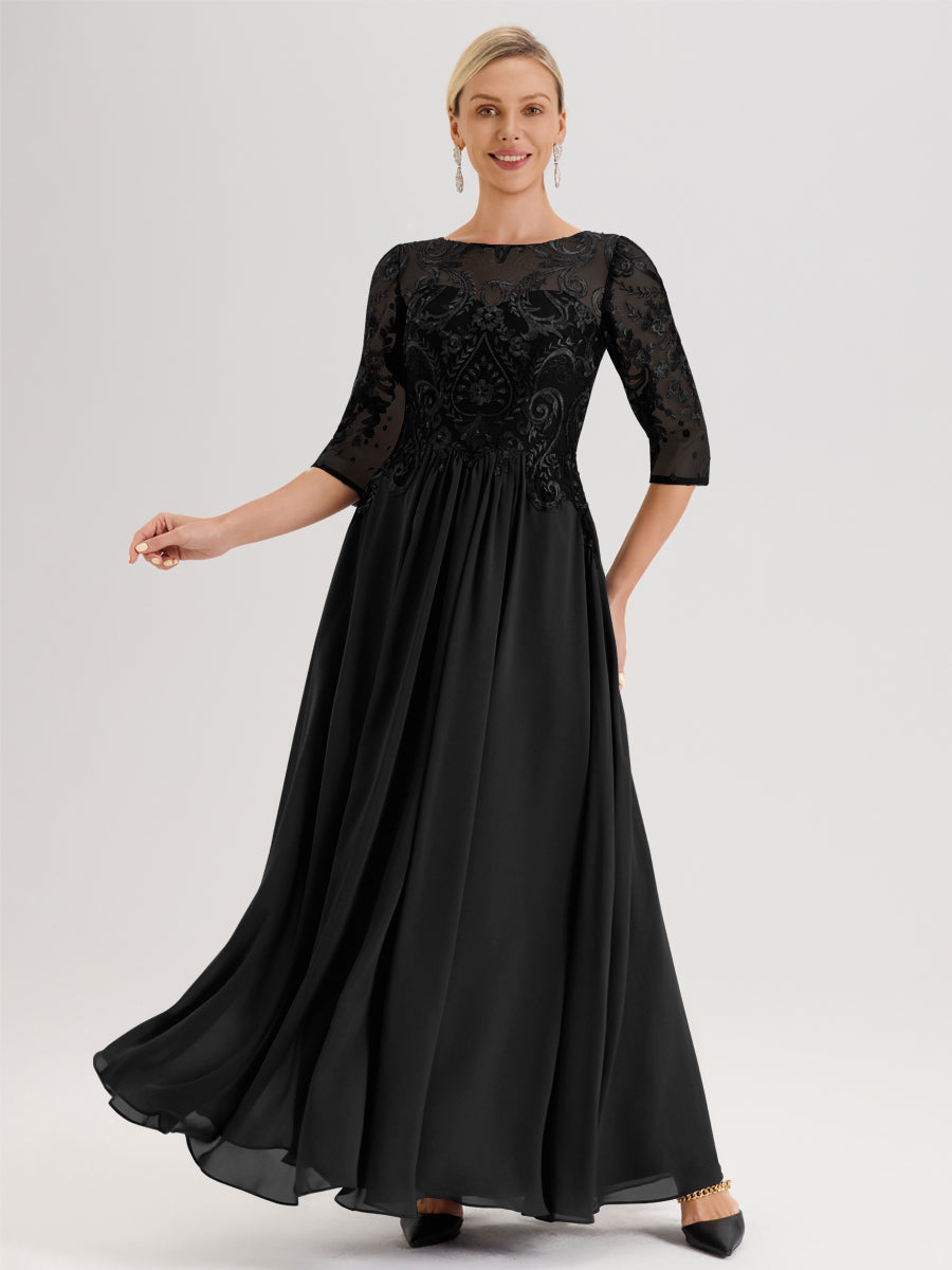 Cicinia Mûre Robe Mère De La Mariée Col Ras Du Cou À Manches 3/4 Trapèze En Mousseline Et Dentelle Longueur Au Sol