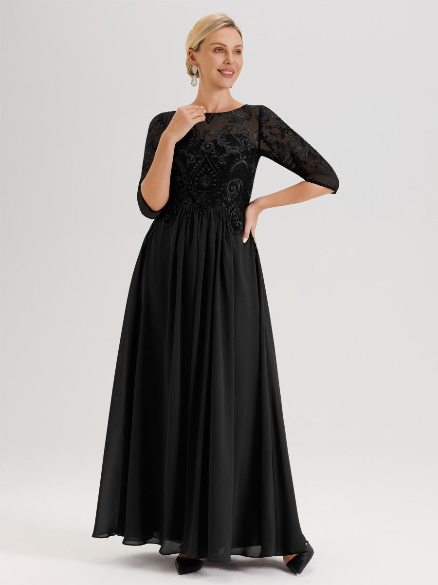 Cicinia Mûre Robe Mère De La Mariée Col Ras Du Cou À Manches 3/4 Trapèze En Mousseline Et Dentelle Longueur Au Sol