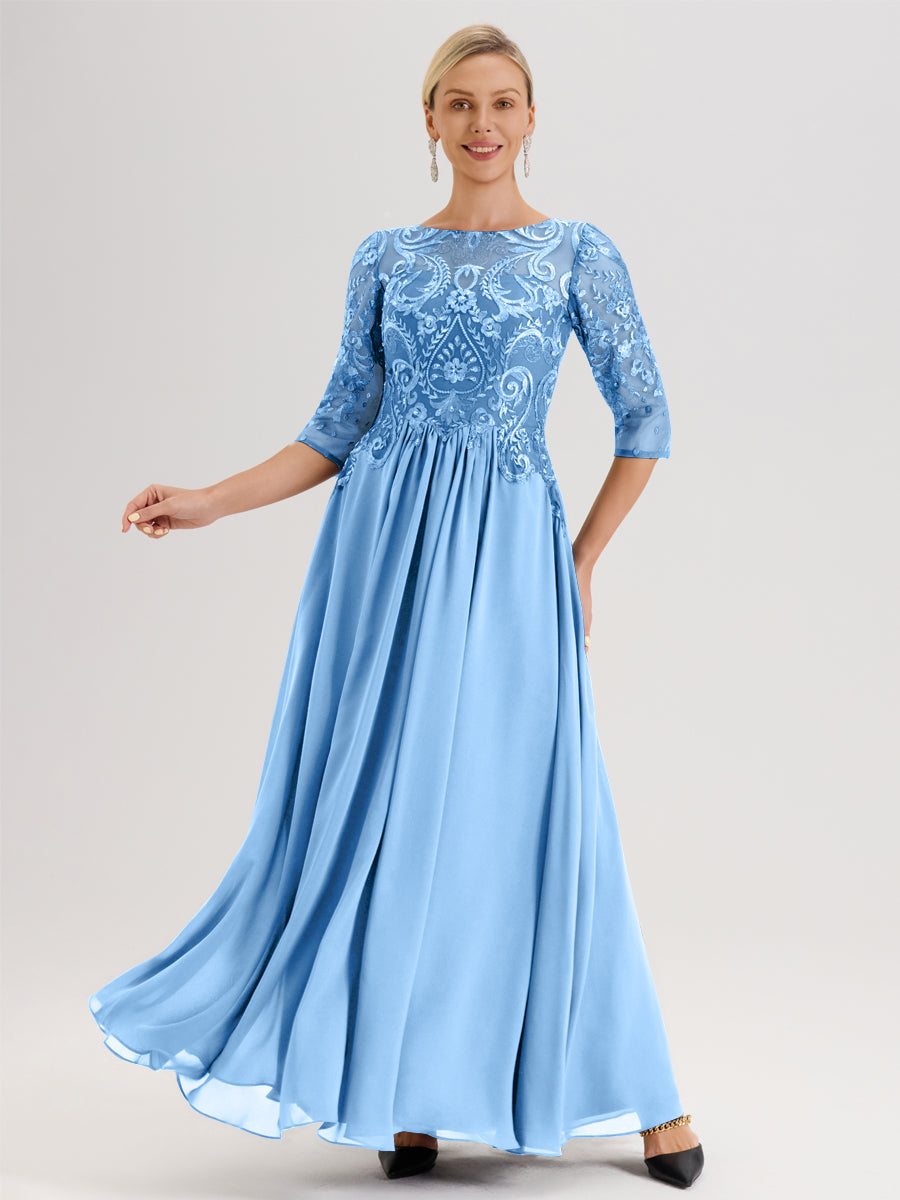 Cicinia Cabernet Robe Mère De La Mariée Col Ras Du Cou À Manches 3/4 Trapèze En Mousseline Et Dentelle Longueur Au Sol