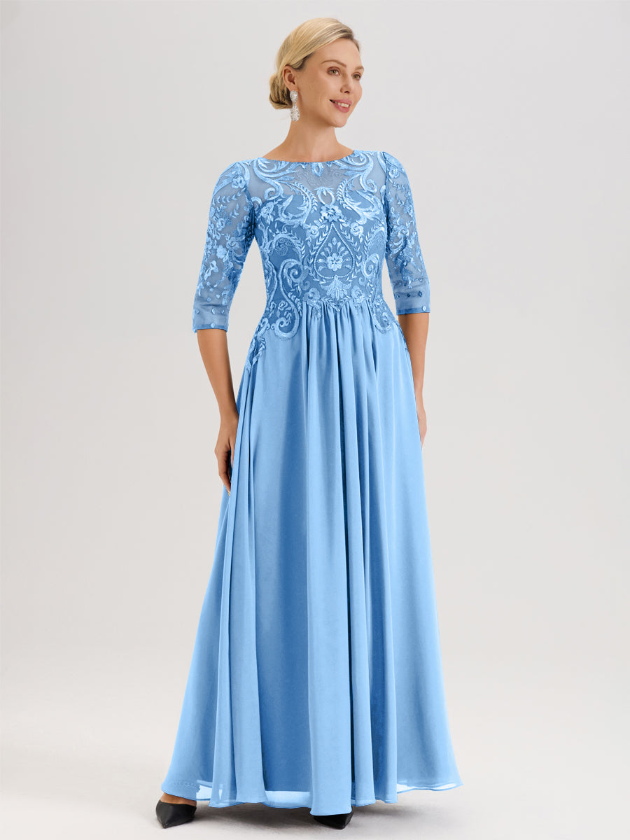 Cicinia Cabernet Robe Mère De La Mariée Col Ras Du Cou À Manches 3/4 Trapèze En Mousseline Et Dentelle Longueur Au Sol