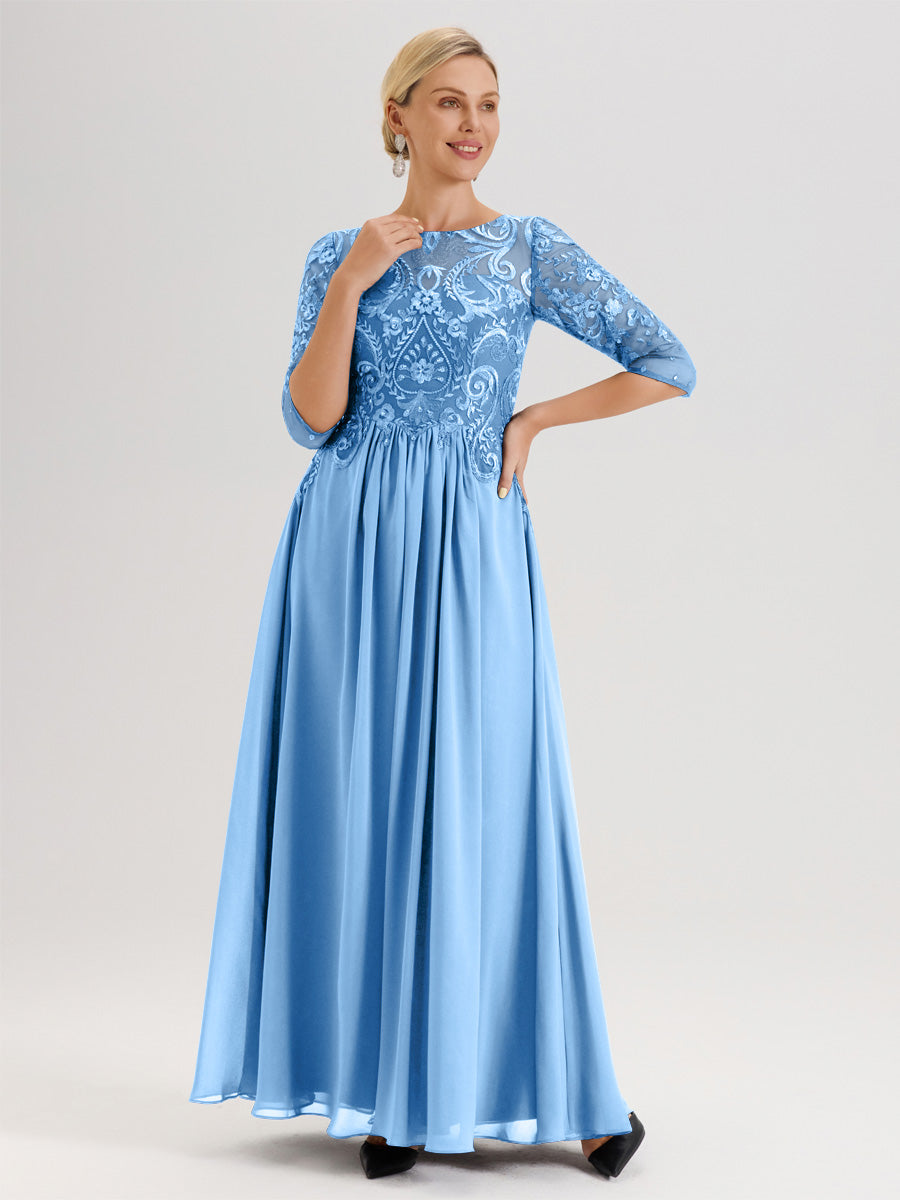 Cicinia Cabernet Robe Mère De La Mariée Col Ras Du Cou À Manches 3/4 Trapèze En Mousseline Et Dentelle Longueur Au Sol