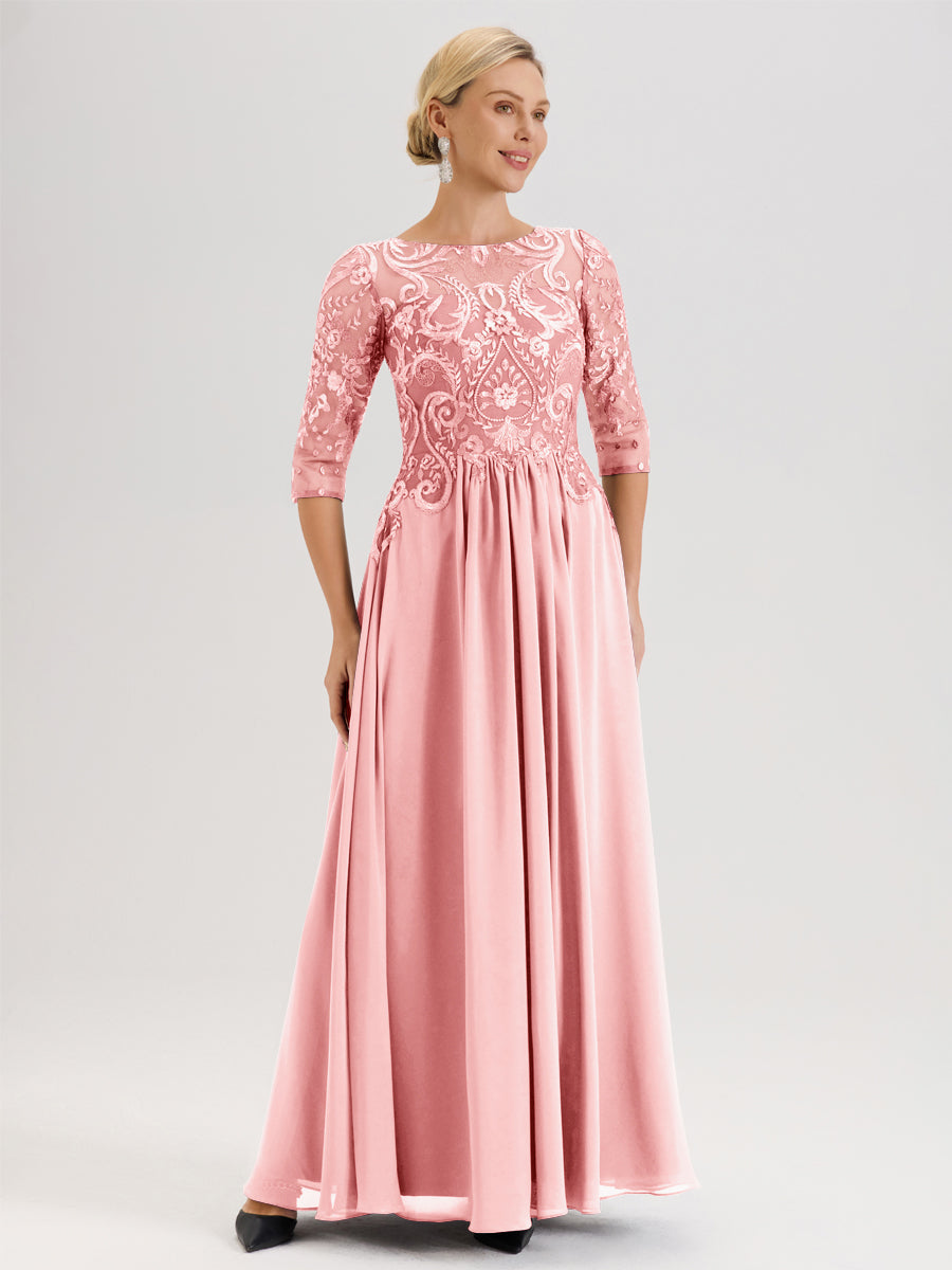 Cicinia Bordeaux Robe Mère De La Mariée Col Ras Du Cou À Manches 3/4 Trapèze En Mousseline Et Dentelle Longueur Au Sol