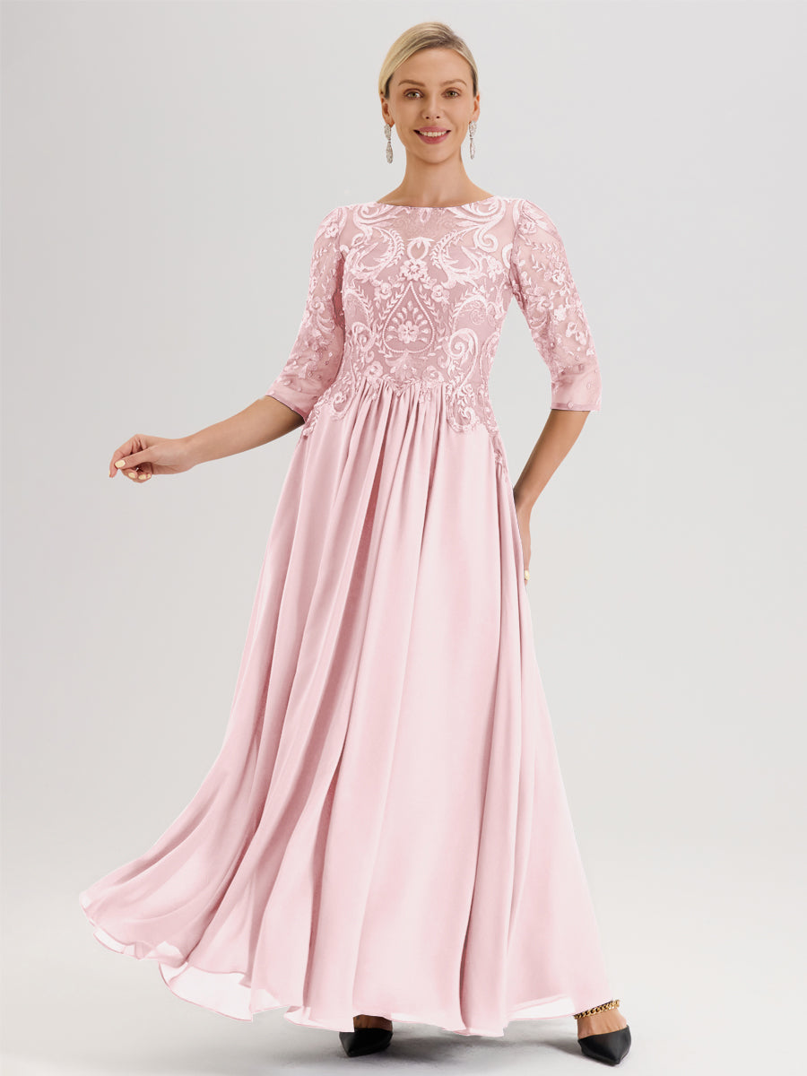 Cicinia Rouille Robe Mère De La Mariée Col Ras Du Cou À Manches 3/4 Trapèze En Mousseline Et Dentelle Longueur Au Sol