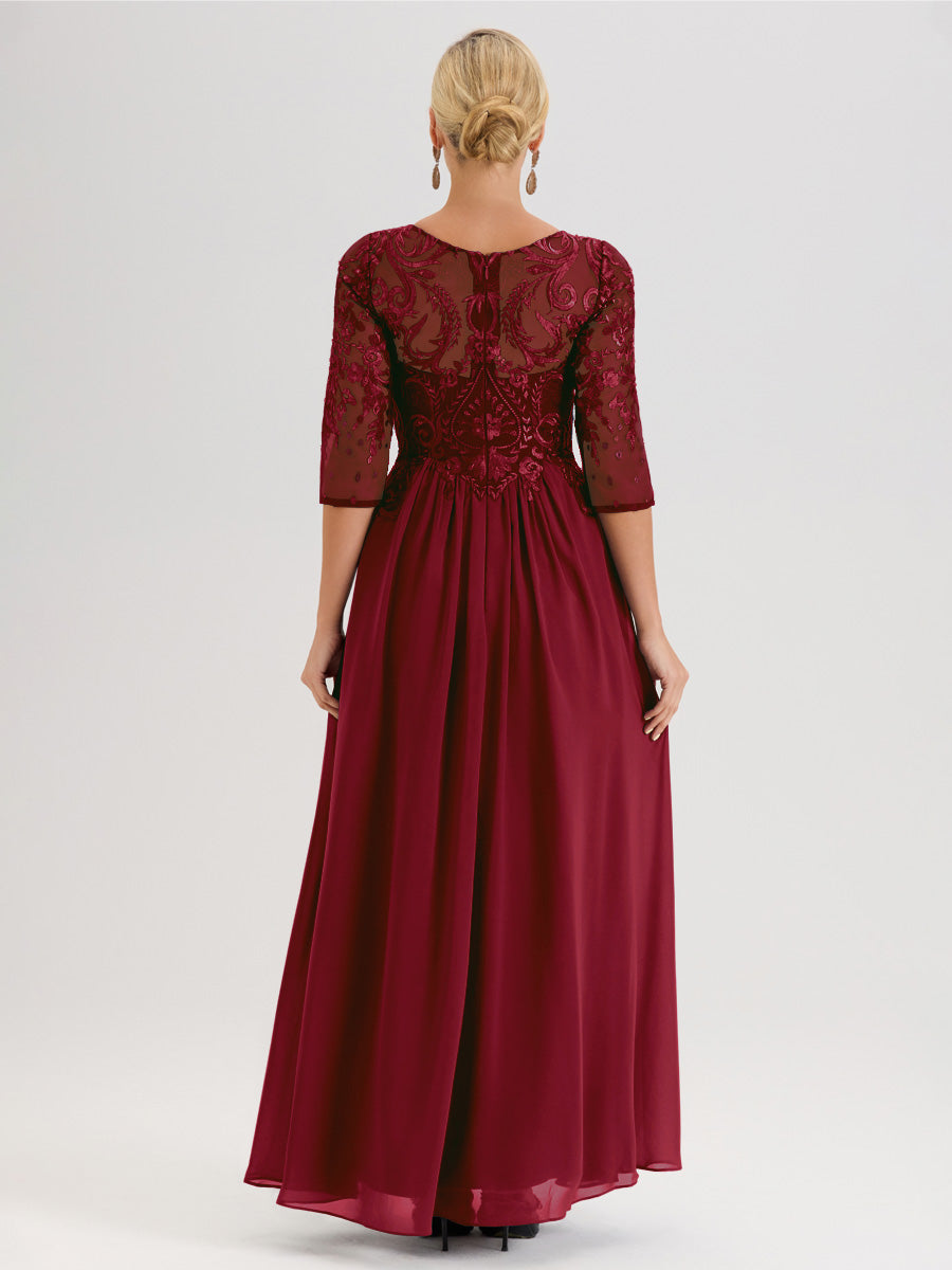 Cicinia Rouge Robe Mère De La Mariée Col Ras Du Cou À Manches 3/4 Trapèze En Mousseline Et Dentelle Longueur Au Sol