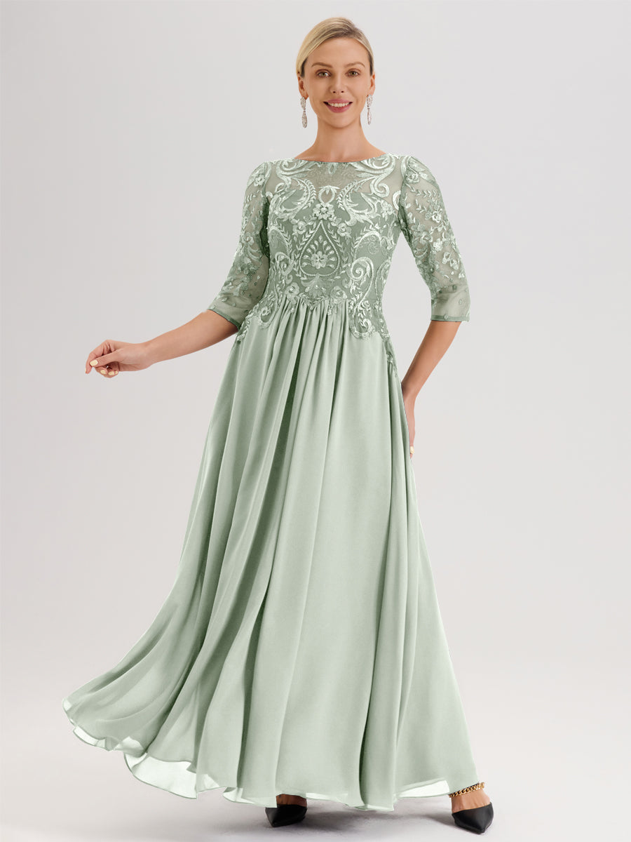 Cicinia Bleu De Schiste Robe Mère De La Mariée Col Ras Du Cou À Manches 3/4 Trapèze En Mousseline Et Dentelle Longueur Au Sol
