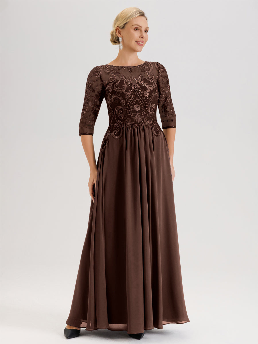 Cicinia Paon Robe Mère De La Mariée Col Ras Du Cou À Manches 3/4 Trapèze En Mousseline Et Dentelle Longueur Au Sol