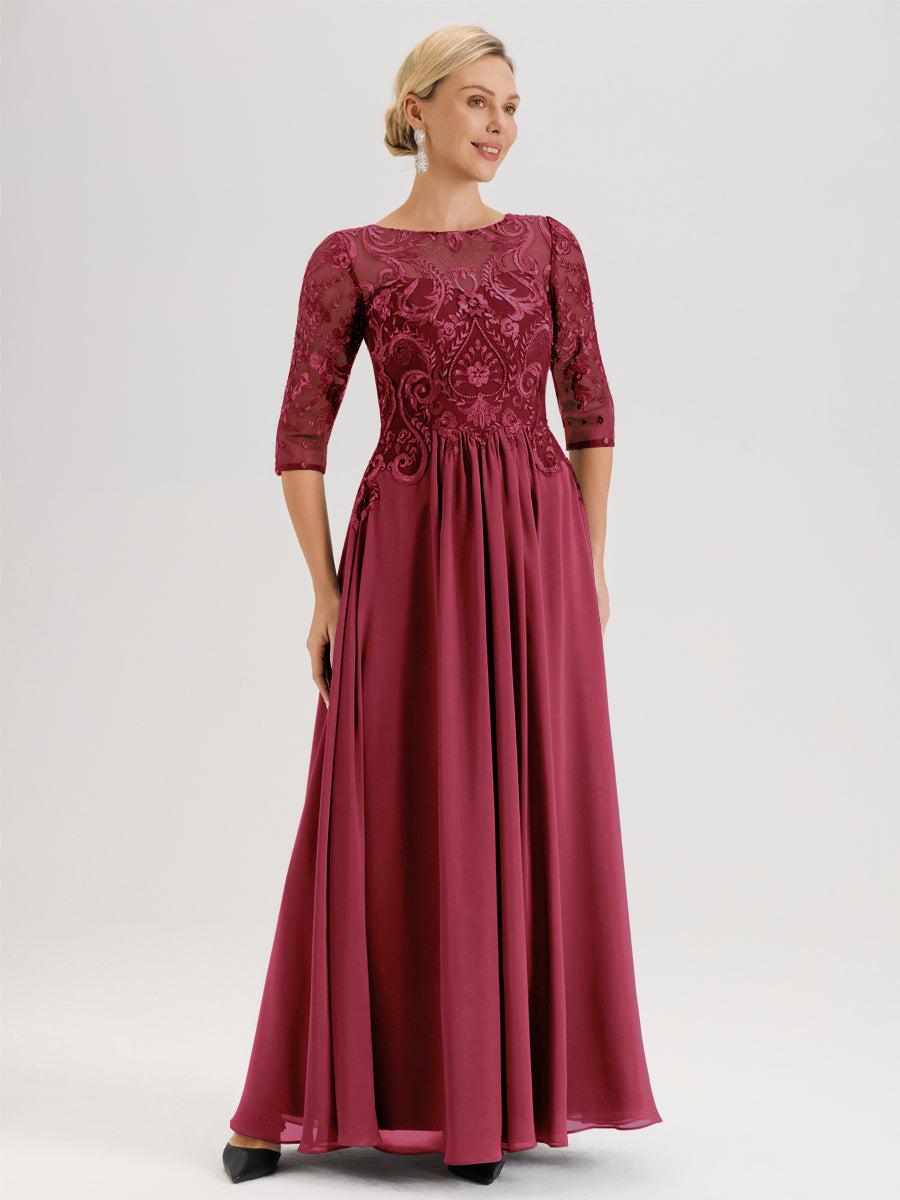 Cicinia Bleu Encre Robe Mère De La Mariée Col Ras Du Cou À Manches 3/4 Trapèze En Mousseline Et Dentelle Longueur Au Sol