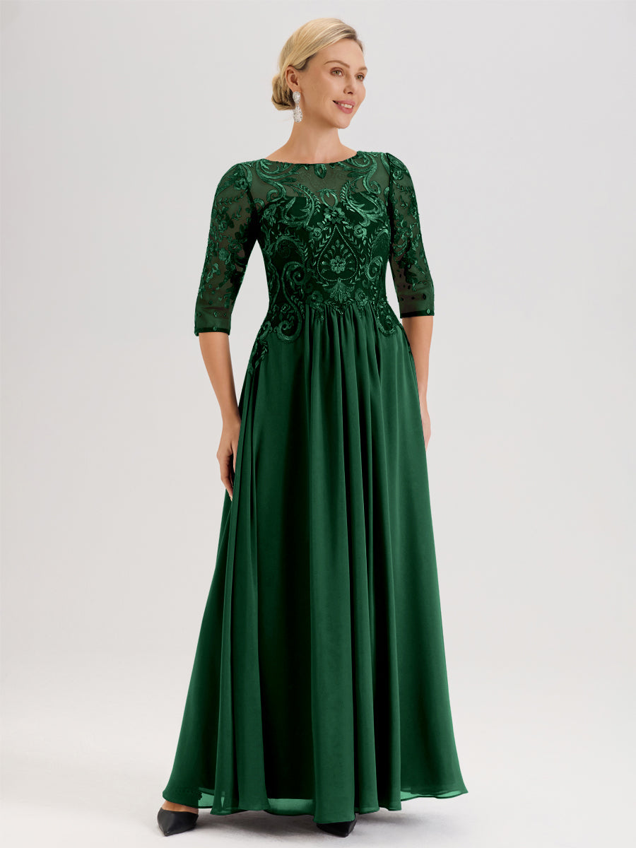 Cicinia Bleu Poudré Robe Mère De La Mariée Col Ras Du Cou À Manches 3/4 Trapèze En Mousseline Et Dentelle Longueur Au Sol