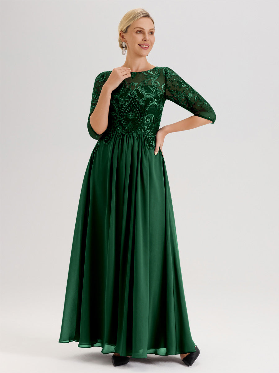Cicinia Bleu Poudré Robe Mère De La Mariée Col Ras Du Cou À Manches 3/4 Trapèze En Mousseline Et Dentelle Longueur Au Sol
