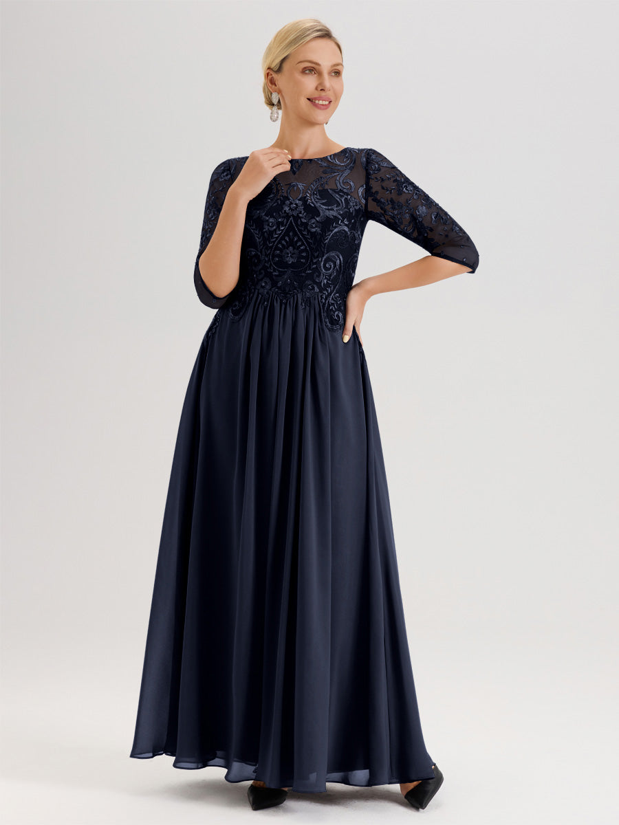 Cicinia Bleu Marine Robe Mère De La Mariée Col Ras Du Cou À Manches 3/4 Trapèze En Mousseline Et Dentelle Longueur Au Sol