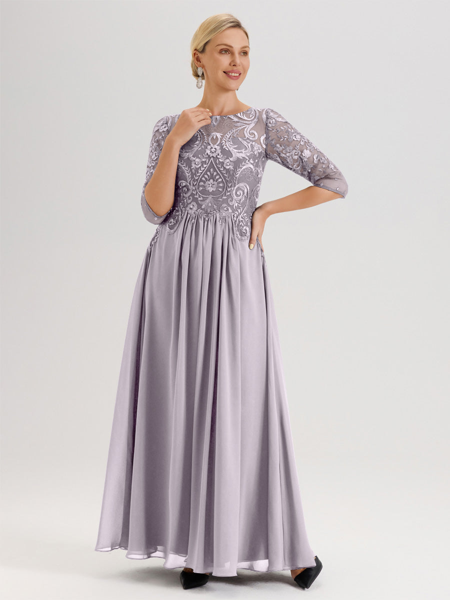 Cicinia Bleu Royale Robe Mère De La Mariée Col Ras Du Cou À Manches 3/4 Trapèze En Mousseline Et Dentelle Longueur Au Sol