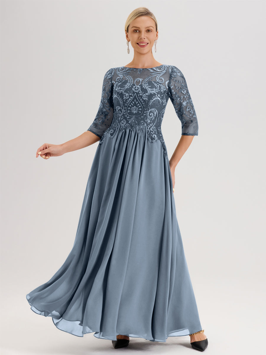 Cicinia Bleu Robe Mère De La Mariée Col Ras Du Cou À Manches 3/4 Trapèze En Mousseline Et Dentelle Longueur Au Sol