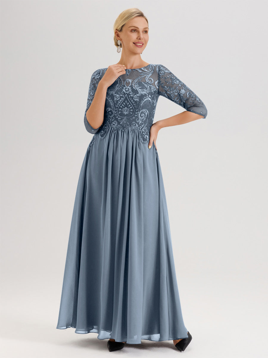 Cicinia Bleu Robe Mère De La Mariée Col Ras Du Cou À Manches 3/4 Trapèze En Mousseline Et Dentelle Longueur Au Sol