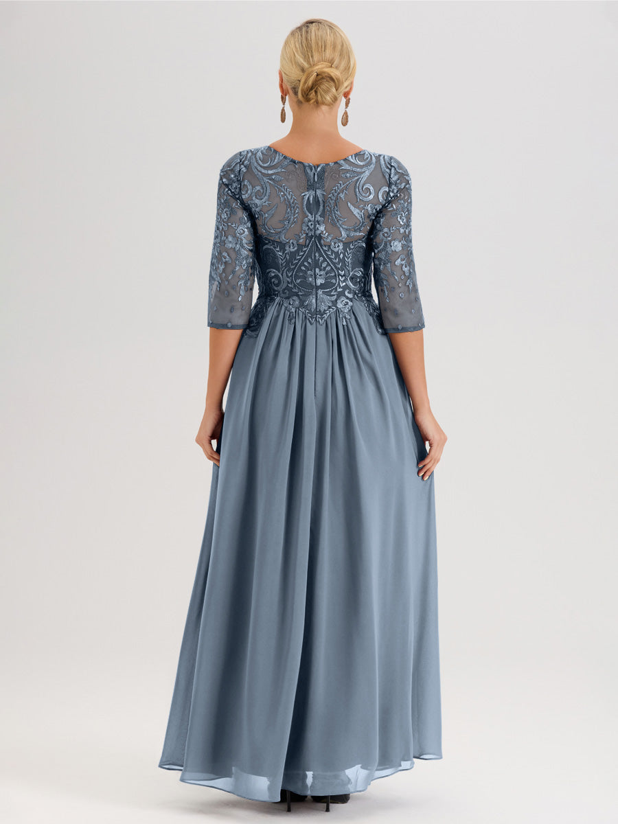 Cicinia Bleu Robe Mère De La Mariée Col Ras Du Cou À Manches 3/4 Trapèze En Mousseline Et Dentelle Longueur Au Sol