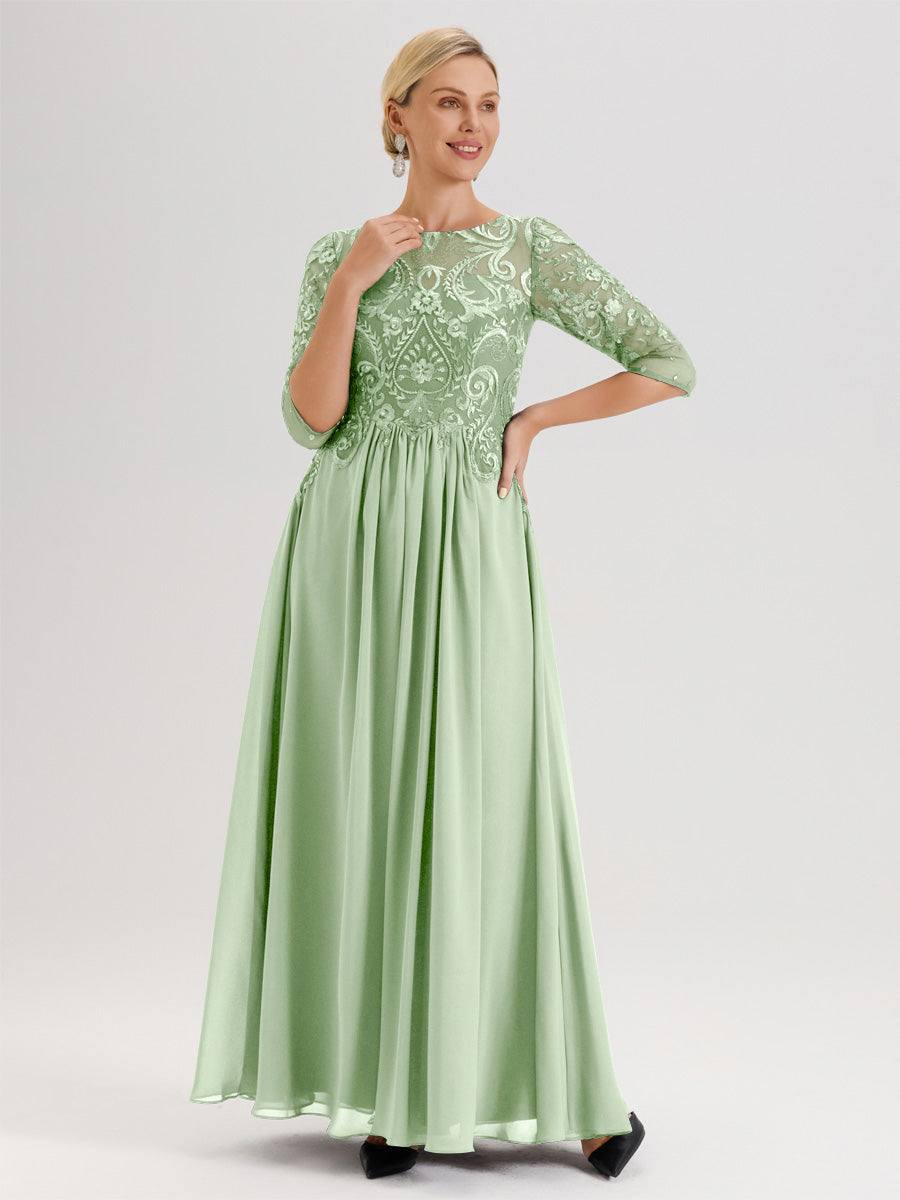 Cicinia Lilas Robe Mère De La Mariée Col Ras Du Cou À Manches 3/4 Trapèze En Mousseline Et Dentelle Longueur Au Sol