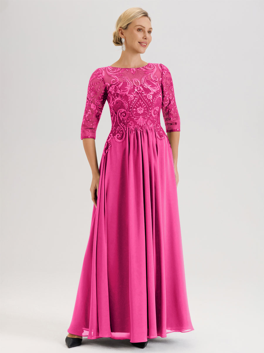 Cicinia Rose Pâle Robe Mère De La Mariée Col Ras Du Cou À Manches 3/4 Trapèze En Mousseline Et Dentelle Longueur Au Sol