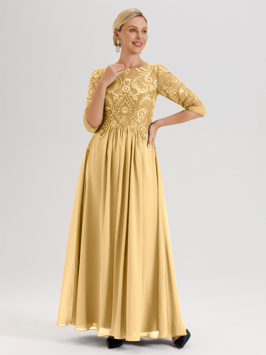 Cicinia Rose Poudré Robe Mère De La Mariée Col Ras Du Cou À Manches 3/4 Trapèze En Mousseline Et Dentelle Longueur Au Sol