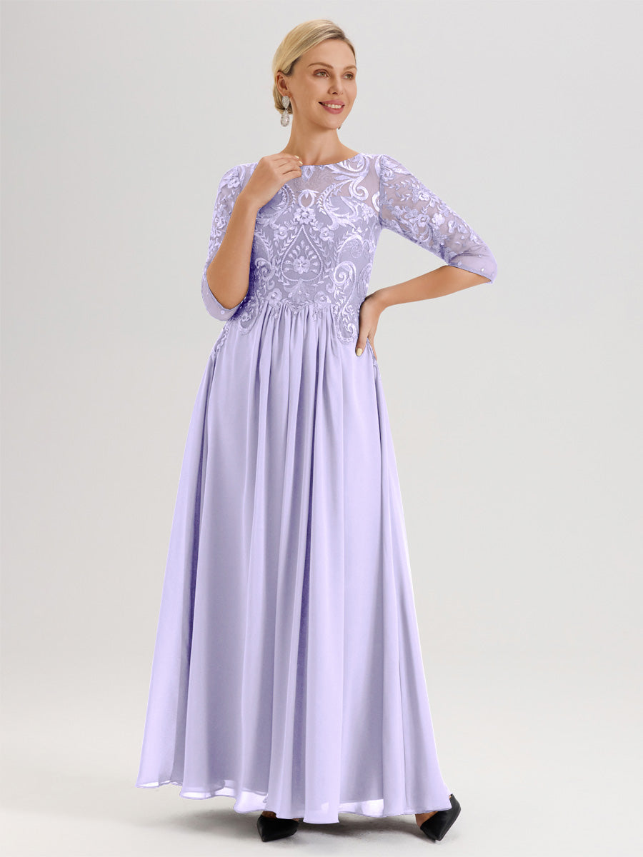 Cicinia Raisin Robe Mère De La Mariée Col Ras Du Cou À Manches 3/4 Trapèze En Mousseline Et Dentelle Longueur Au Sol